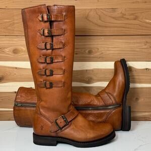 Frye Valerie 6 Strap Tall Boots Brown Leather Zip Brown Women’s size 5.5 B